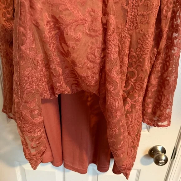 NWT- Francesca’s Lace Dress with Long Flowy Sleeves - Salmon Rose Color - Size L - Picture 2 of 11